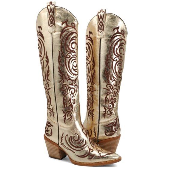 Texas Gold Women's Size 7 Gold Embroidered Knee High Block Heel Western Boots - Picture 1 of 16
